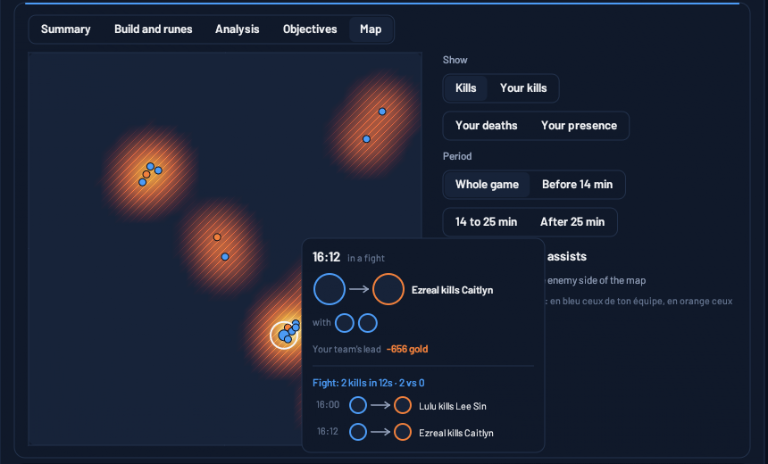 A game's heatmap, with a kill's card open.